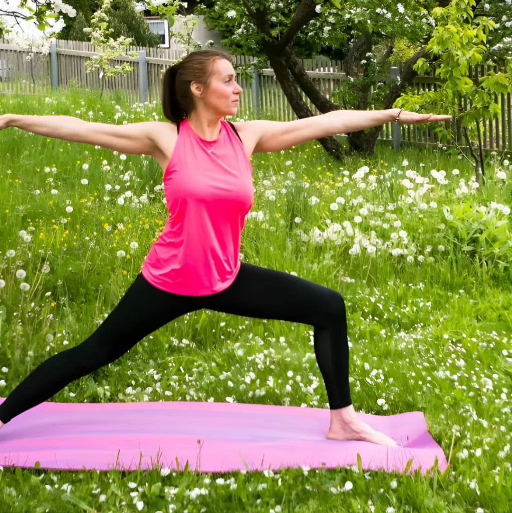 Kriegerhaltung beim Yoga im Garten in Plauen